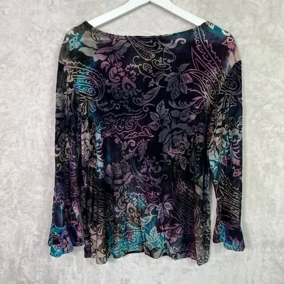 Vintage Y2K Coldwater Creek Velvet Burnout Top Floral Paisley Fairy Whimsigoth L - Picture 2 of 8